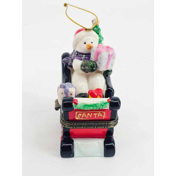 Vintage Ceramic Snowman Santa's Sleigh Frosty Hinged Trinket Box 3x2.5" - Picture 5 of 10